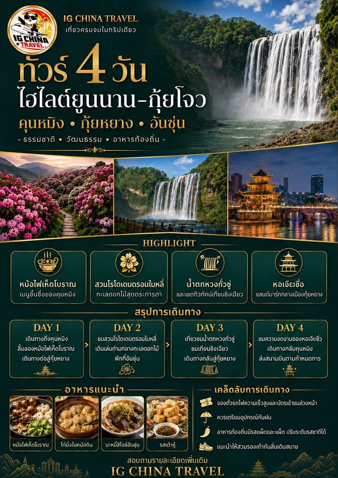 โปสเตอร์โปรแกรมไฮไลต์ยูนนาน-กุ้ยโจว คุนหมิง กุ้ยหยาง อันซุ่น 4 วัน ของ IG China Travel