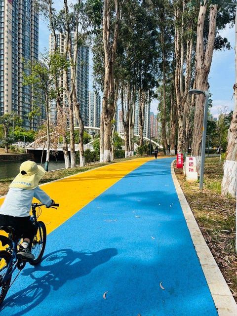 นักปั่นบนเลนจักรยานสีน้ำเงินและเหลืองของคุนหมิง ขนาบด้วยต้นไม้